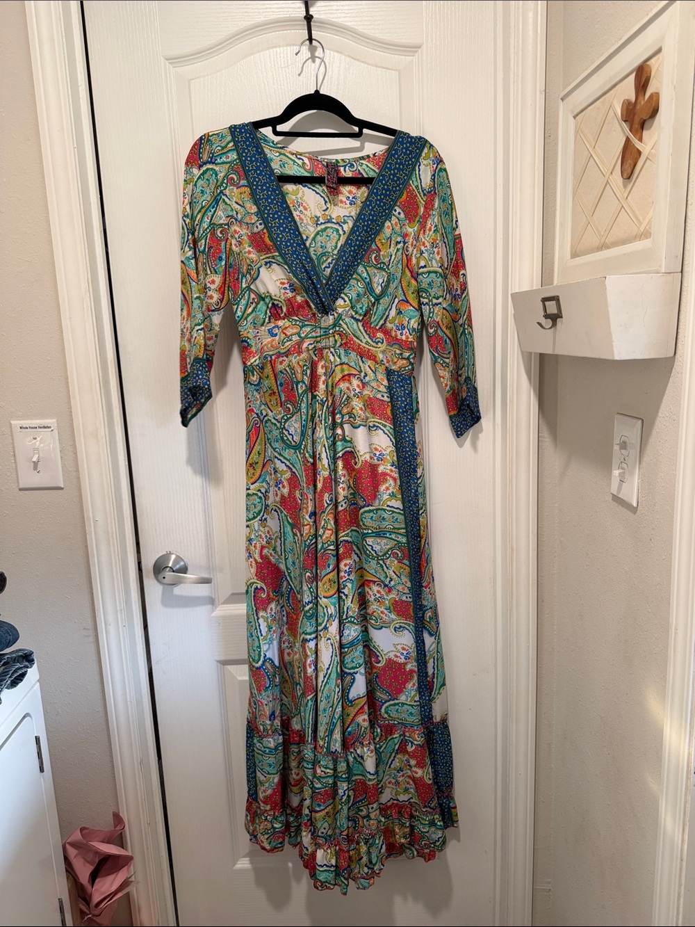Paisley V-Neck Maxi Dress in Multicolor with Blue Trim
